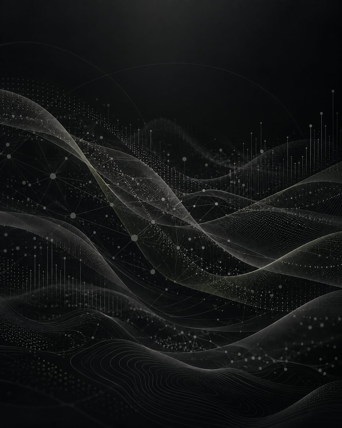 Abstract flowing data networks and analytical patterns representing connected intelligence